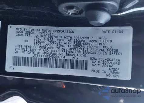 2004 Toyota 4Runner Limited V8 z USA, uszkodzony, nr VIN JTEBT17R540034334